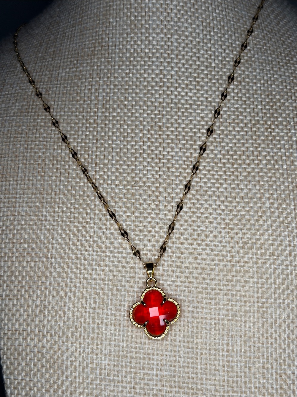 Gold-Tone Necklace with Red Clover Pendant